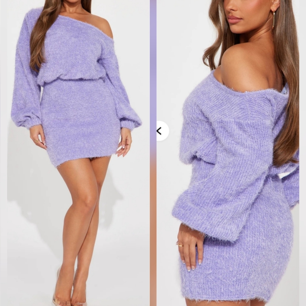 Off-Shoulder Fuzzy Lavender Sweater Dress